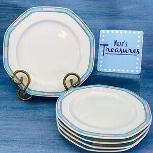 Christopher Stuart SOUTHWEST Green Blue Coral Rim White China Salad Plates Set 5